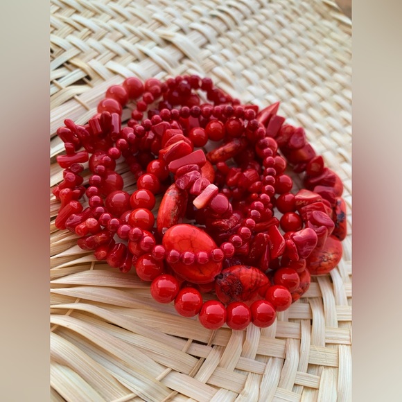 Natural Red Bamboo Coral & Genuine Jasper Gemstone Mixed Beads Bracelet Stack - Picture 6 of 11